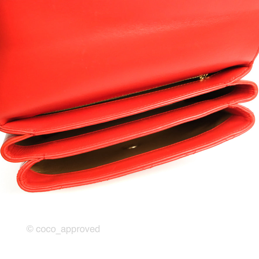Chanel Top Handle Flap Bag Red Lambskin Aged Gold Hardware