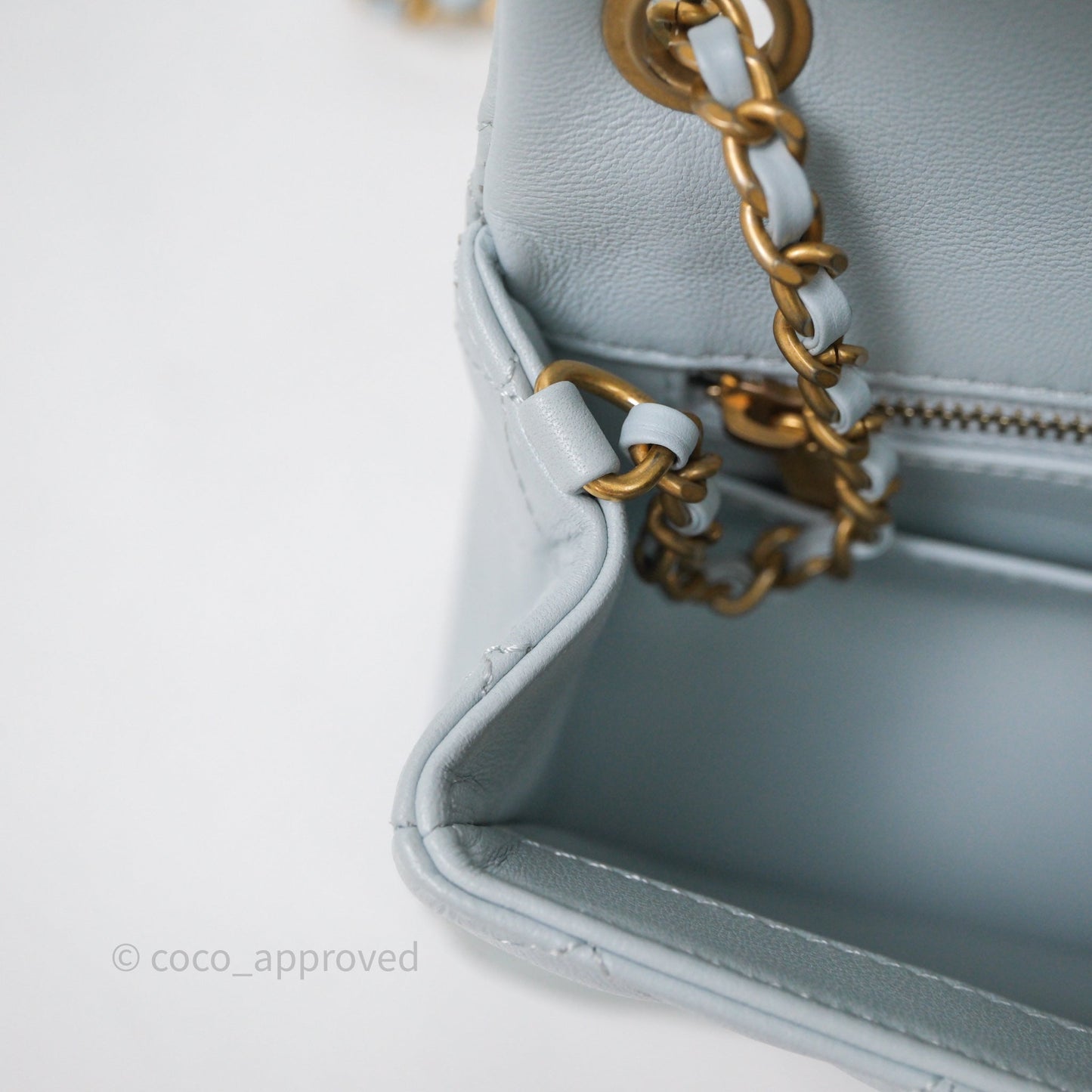 Chanel Pearl Crush Mini Rectangular Light Blue Lambskin Aged Gold Hardware
