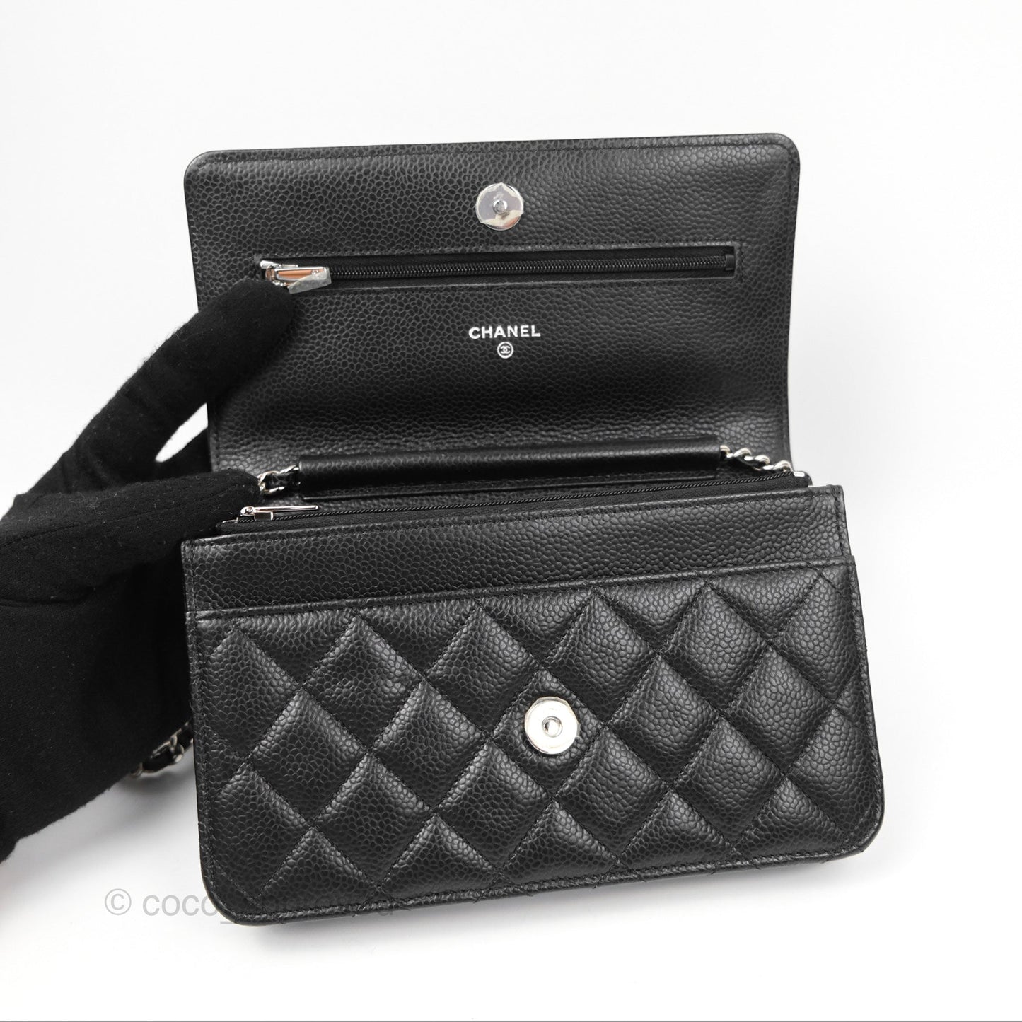 Chanel Quilted Classic Wallet On Chain WOC Black Caviar Silver Hardware