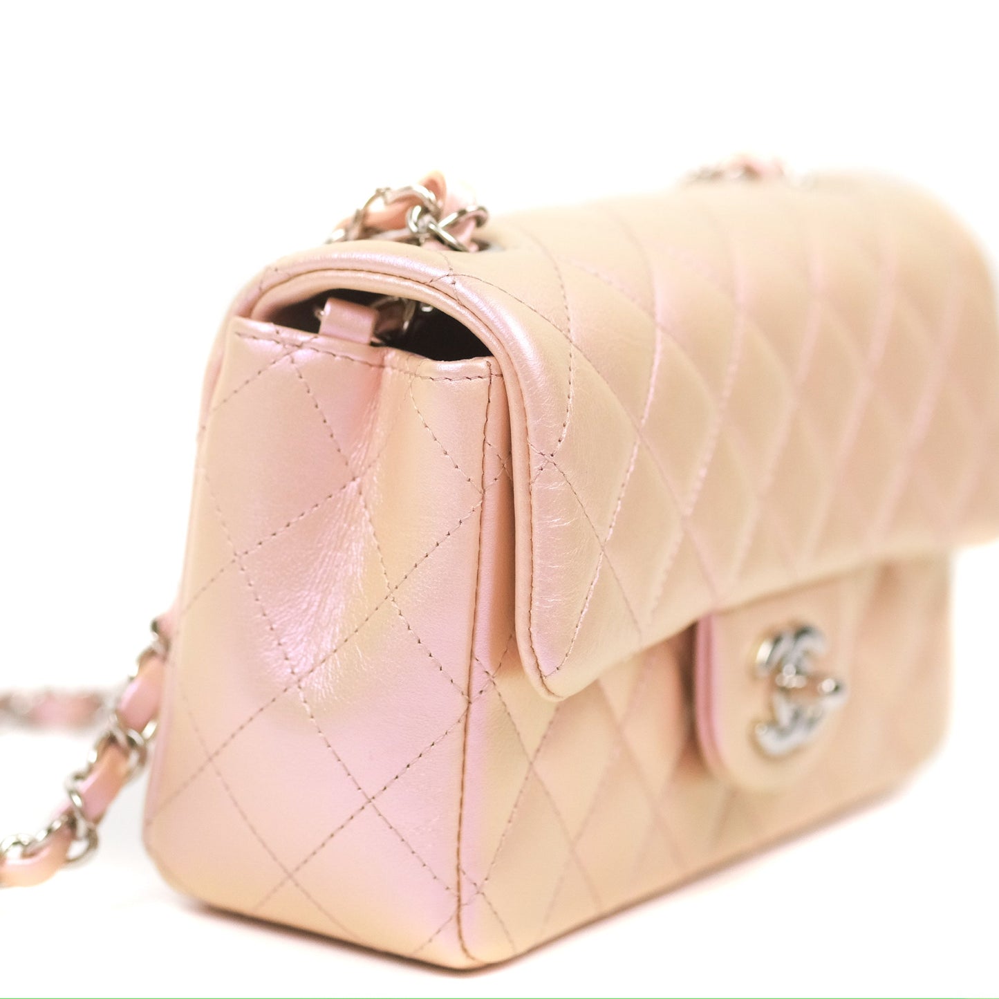Chanel Quilted Mini Rectangular Iridescent Pink Calfskin Silver Hardware
