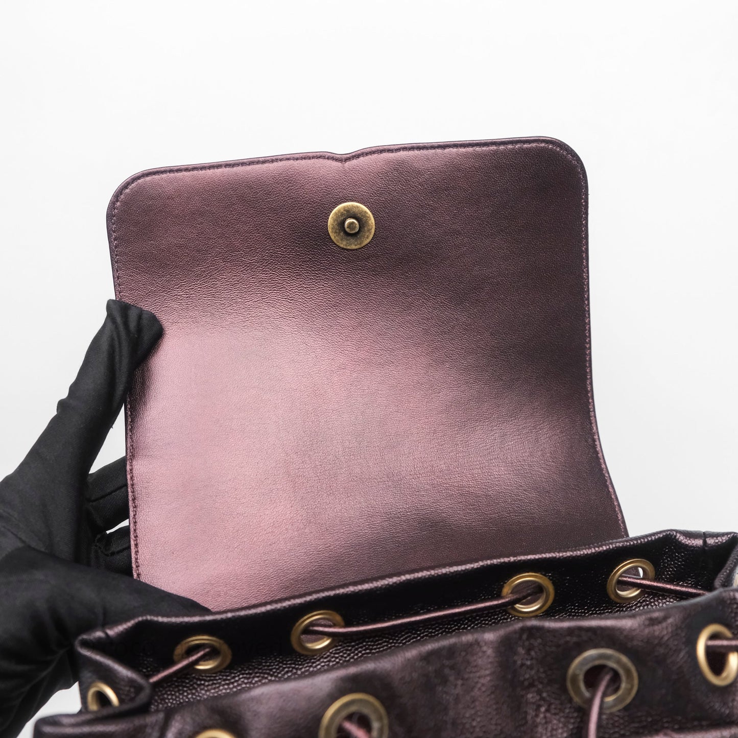Chanel Quilted Filigree Backpack Iridescent Burgundy Caviar Aged Gold Hardware