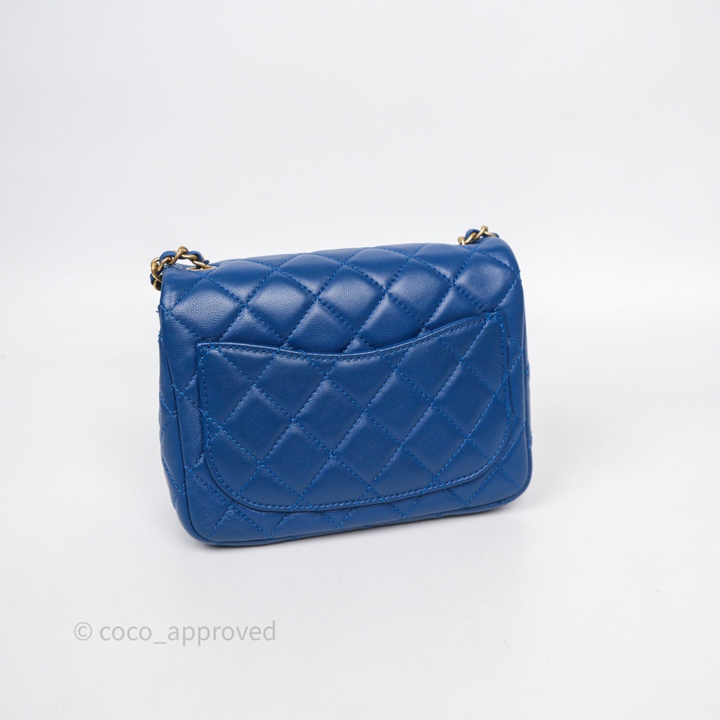 Chanel Pearl Crush Mini Square Quilted Blue Lambskin Aged Gold Hardware
