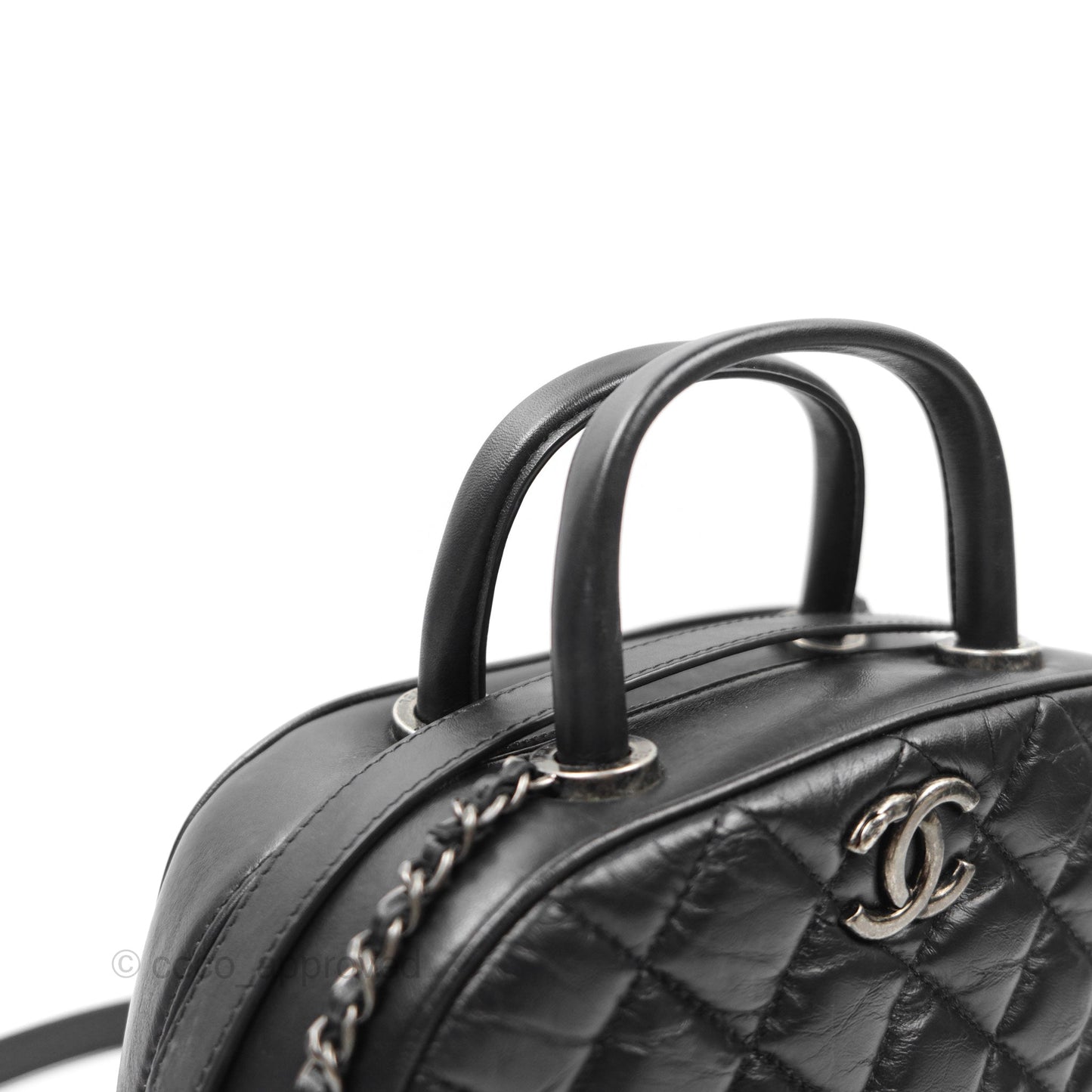 Chanel Quilted Small Handle Bowling Bag Black Aged Calfskin Ruthenium Hardware