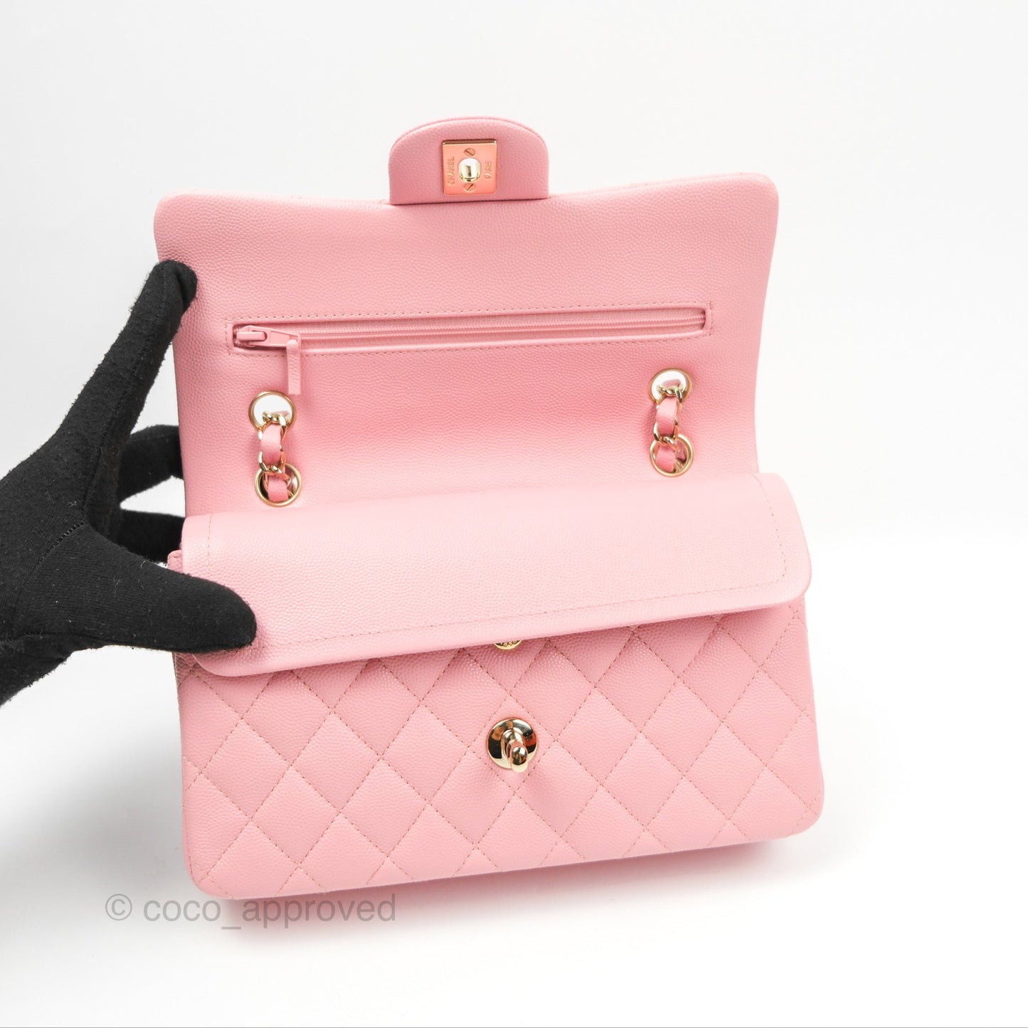 Chanel Small Classic Quilted Flap Sakura Pink Caviar Gold Hardware 22C