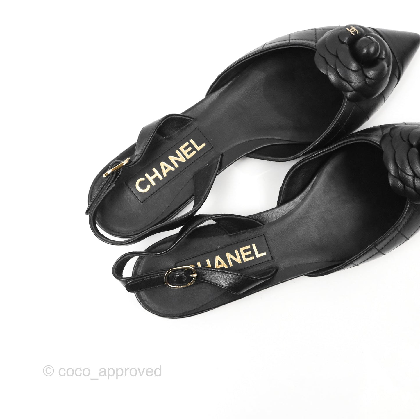 Chanel Camellia Slingback Flat Sandals Pointed Black Size 39