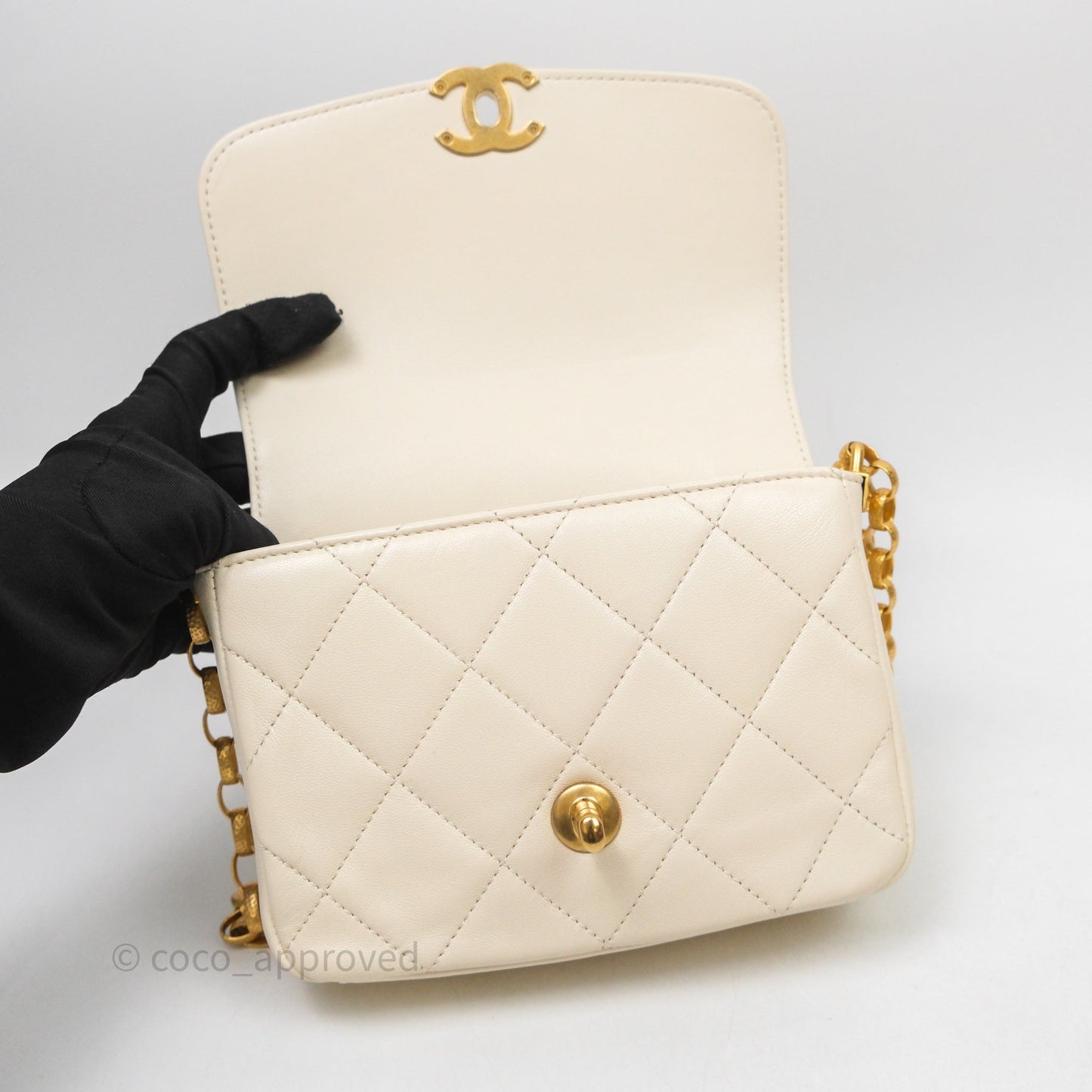 Chanel Flap with Coin Charm Ivory White Lambskin Aged Gold Hardware