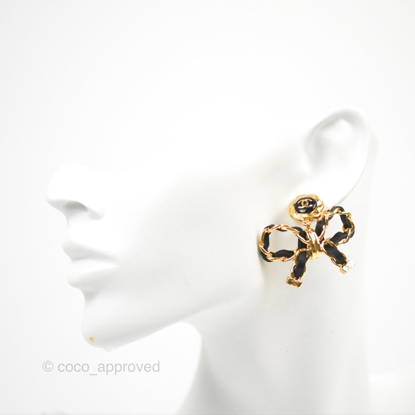 Chanel CC Chain Bow Earrings Black Lambskin Gold Tone 22A