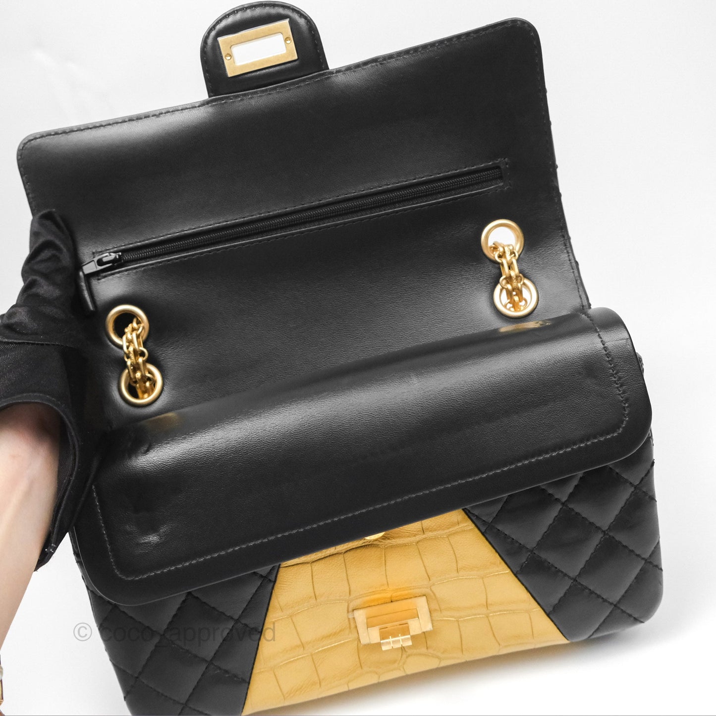 Chanel Reissue 2.55 Metallic Gold Crocodile Embossed Calfskin And Black Quilted Lambskin Aged Gold Hardware
