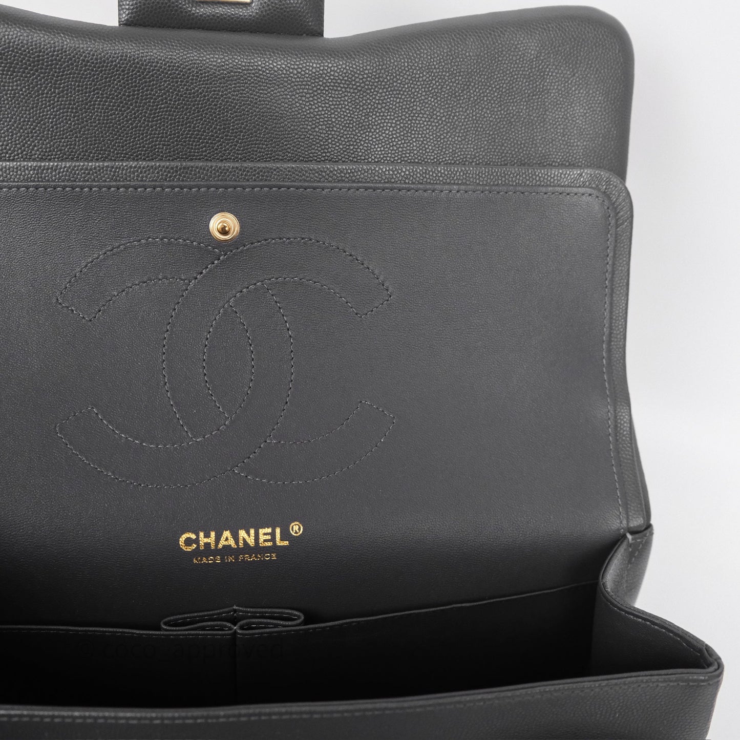 Chanel Jumbo Classic Double Flap Quilted Dark Grey Caviar Gold Hardware⁣⁣