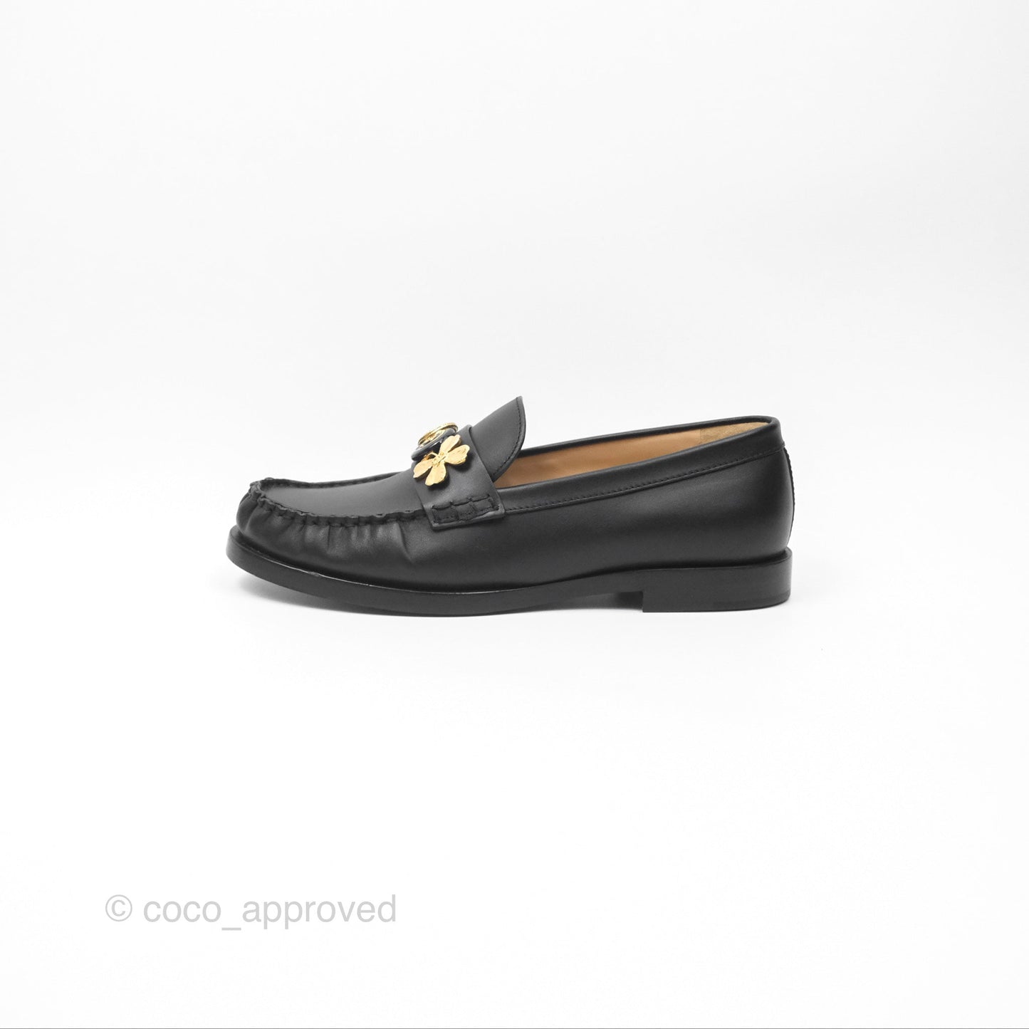 Chanel Loafers Black Leather CC Clover Camellia 23S Size 37C
