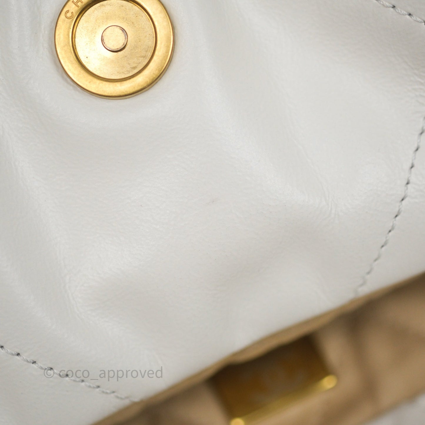 Chanel 22 Small White Aged Calfskin Black Logo Aged Gold Hardware