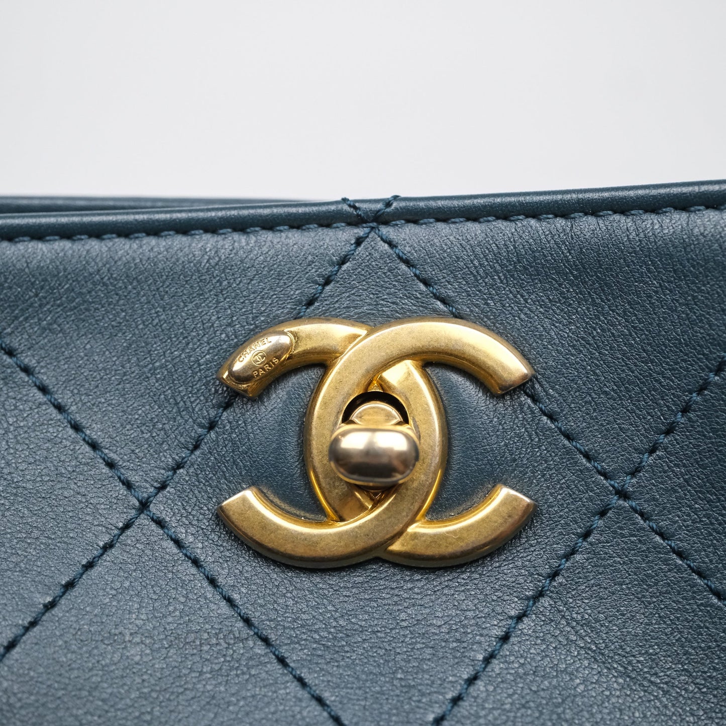Chanel Button Up Hobo Bag Quilted Teal Calfskin Aged Gold Hardware