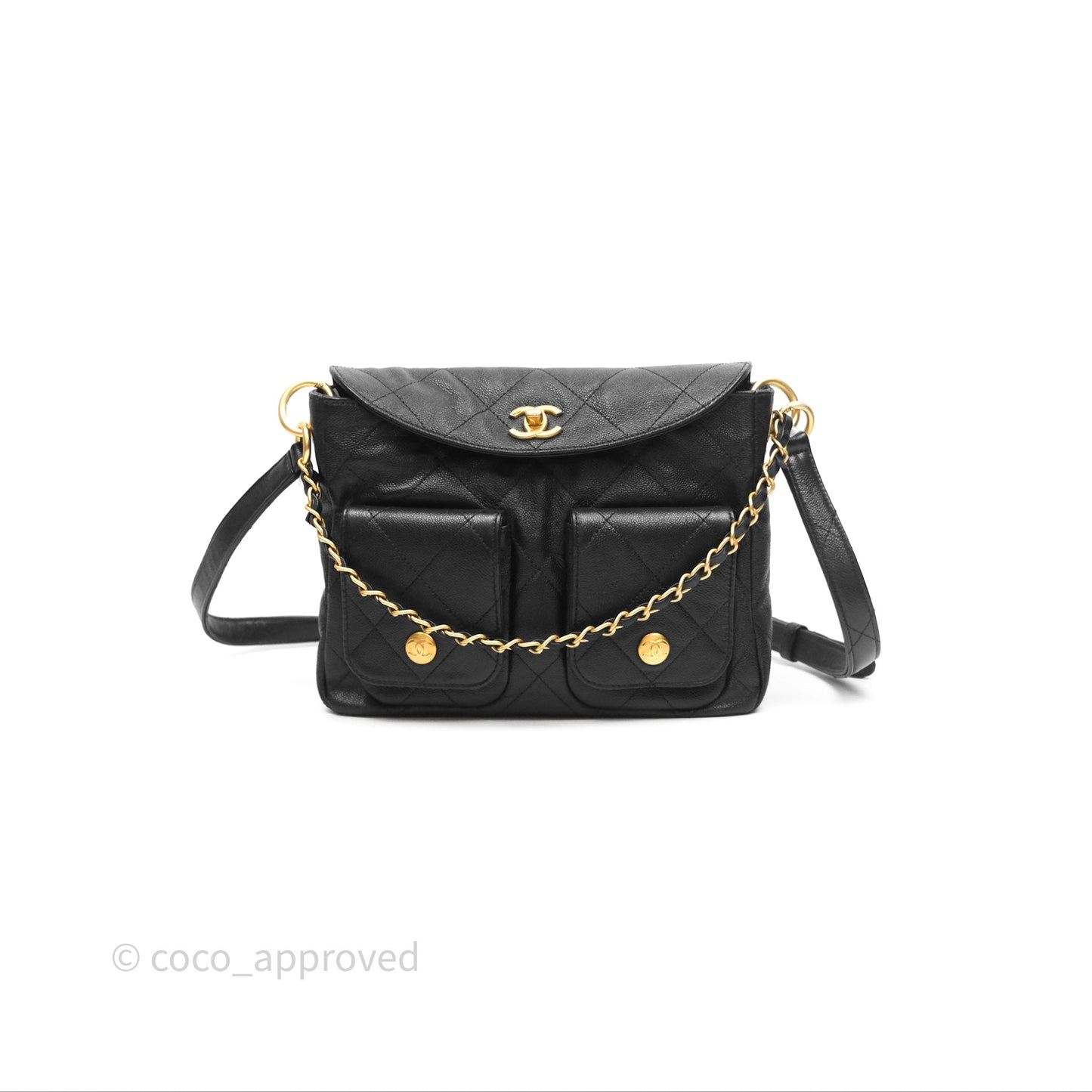 Chanel Double Pocket Hobo Bag Black Caviar Brushed Gold Hardware