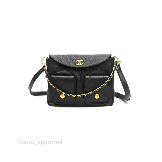 Chanel Double Pocket Hobo Bag Black Caviar Brushed Gold Hardware
