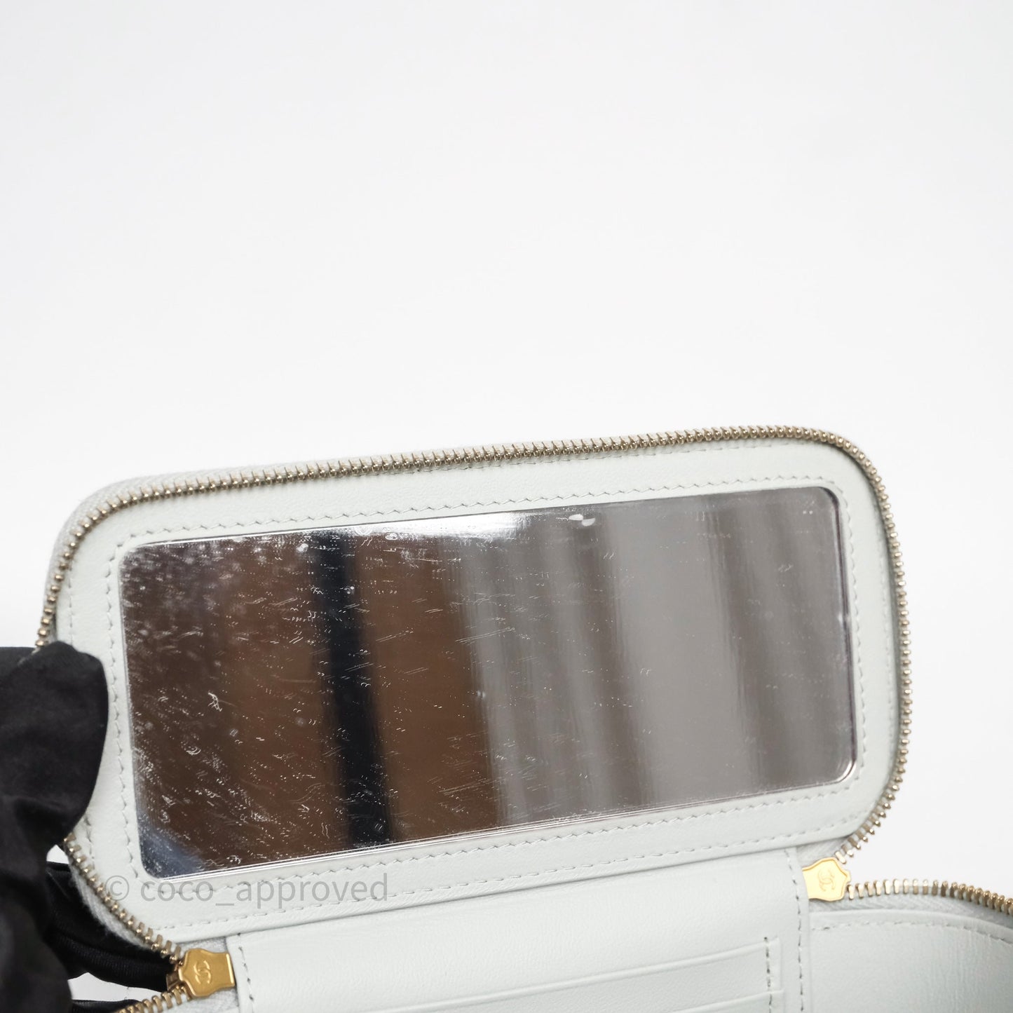 Chanel Quilted Vanity Rectangular with Camellia Adjustable Chain Blue Grey Lambskin Aged Gold Hardware