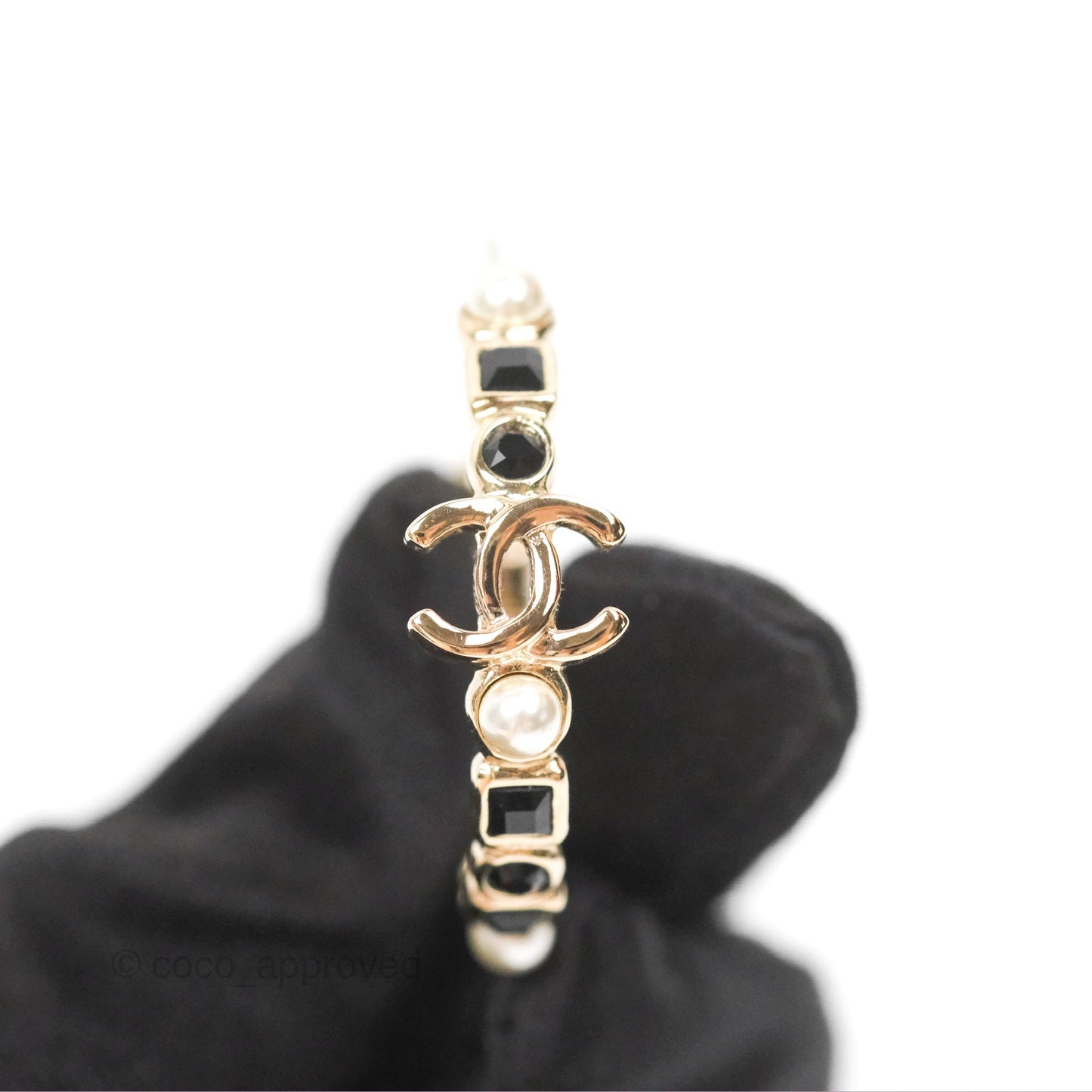 Chanel CC Pearl Black Rhinestone Hoop Earrings Gold Tone 23V