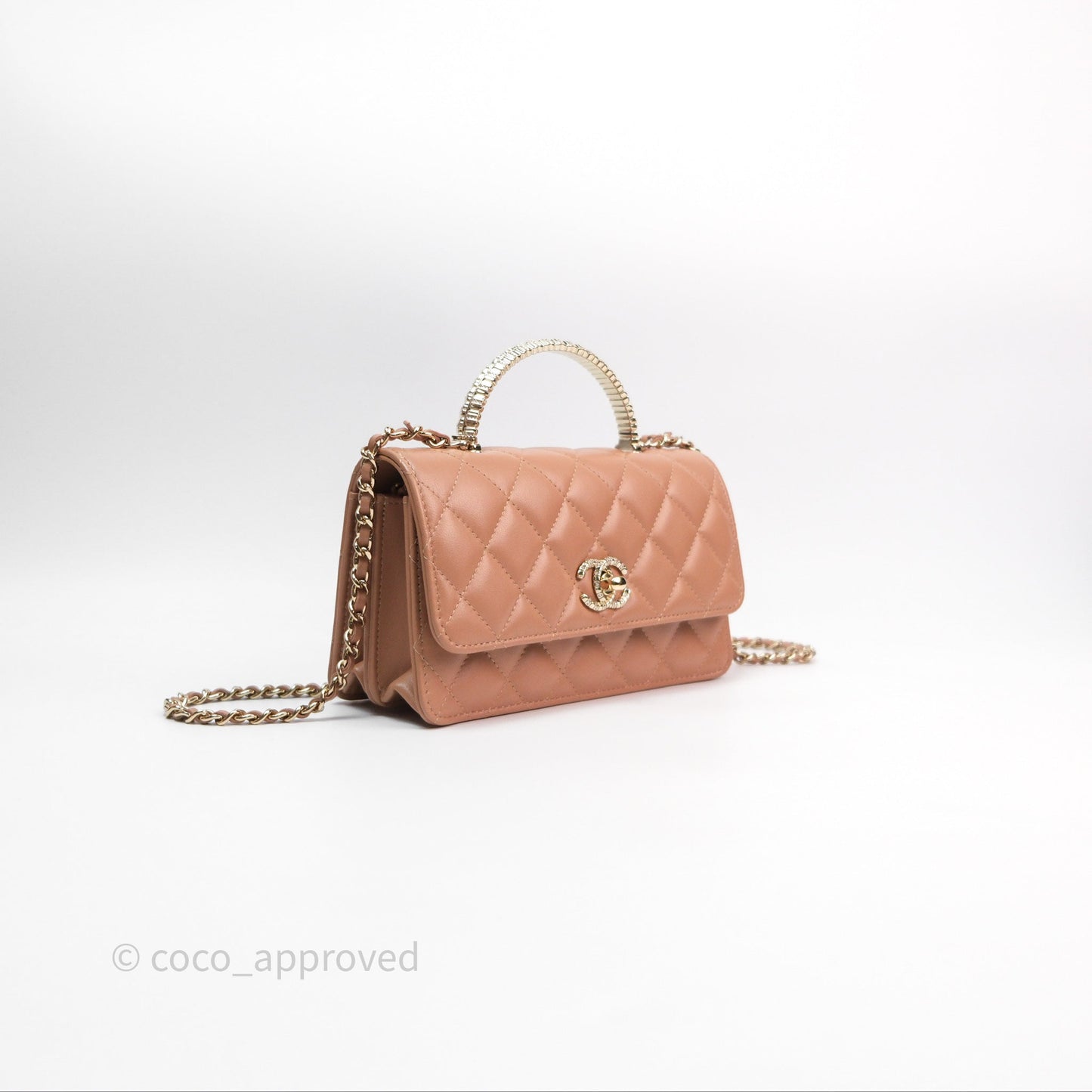 Chanel Mini Crystal Top Handle Wallet On Chain WOC Dark Beige Lambskin Gold Hardware