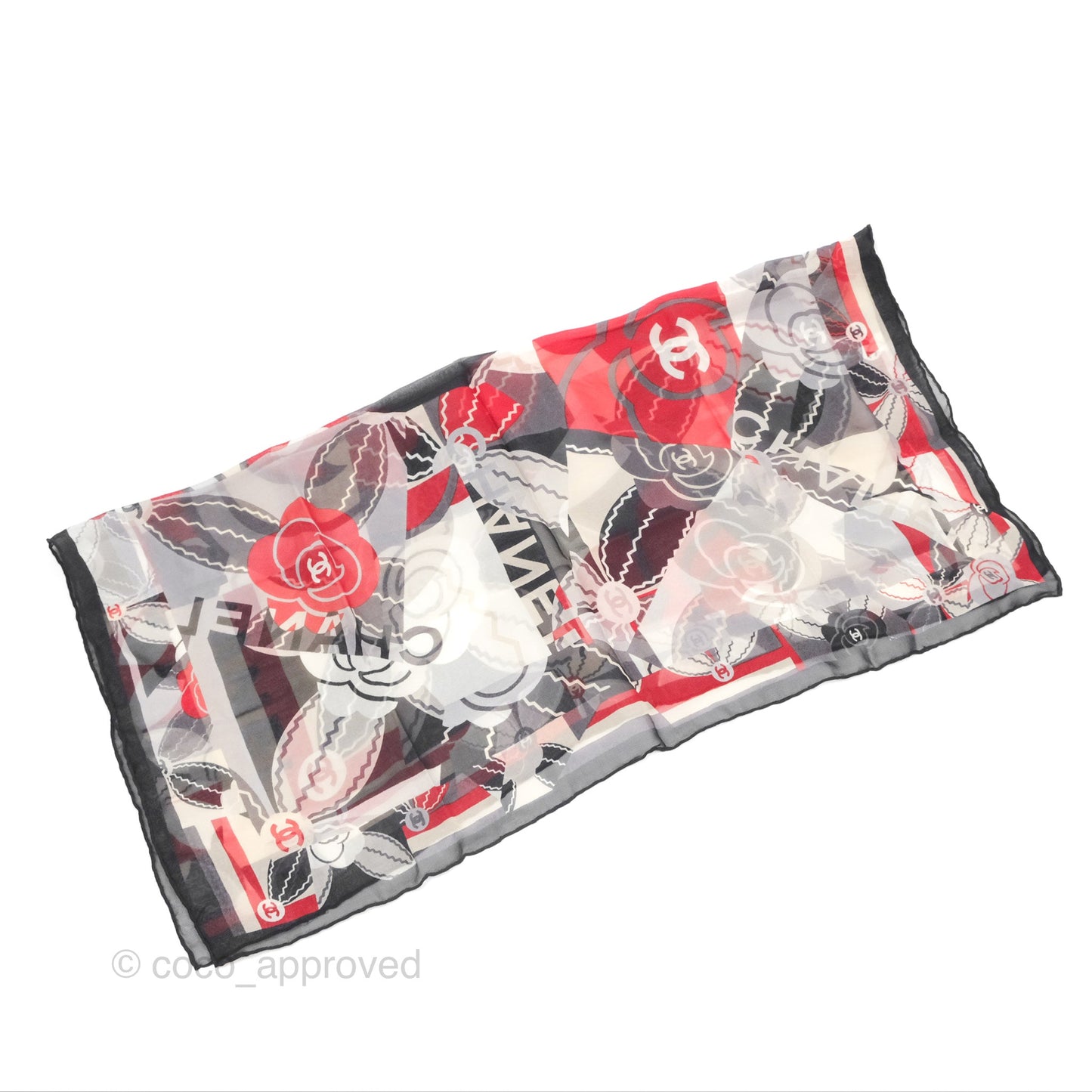 Chanel CC Silk Square Scarf 90 Grey/Red/White