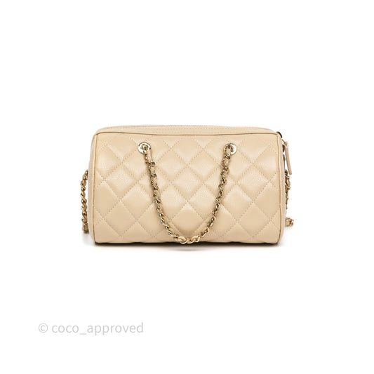 Chanel Mini Quilted Bowling Bag Beige Caviar Gold Hardware 25P