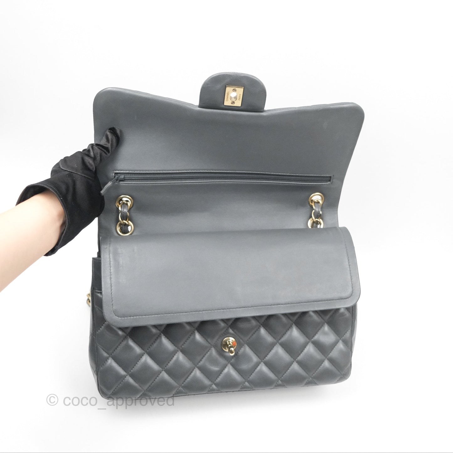 Chanel Jumbo Double Flap Dark Grey Lambskin Brushed Gold Hardware⁣⁣