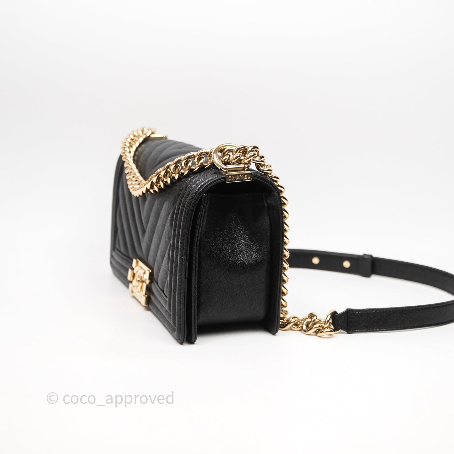 Chanel Medium Boy Chevron Black Caviar Light Gold Hardware