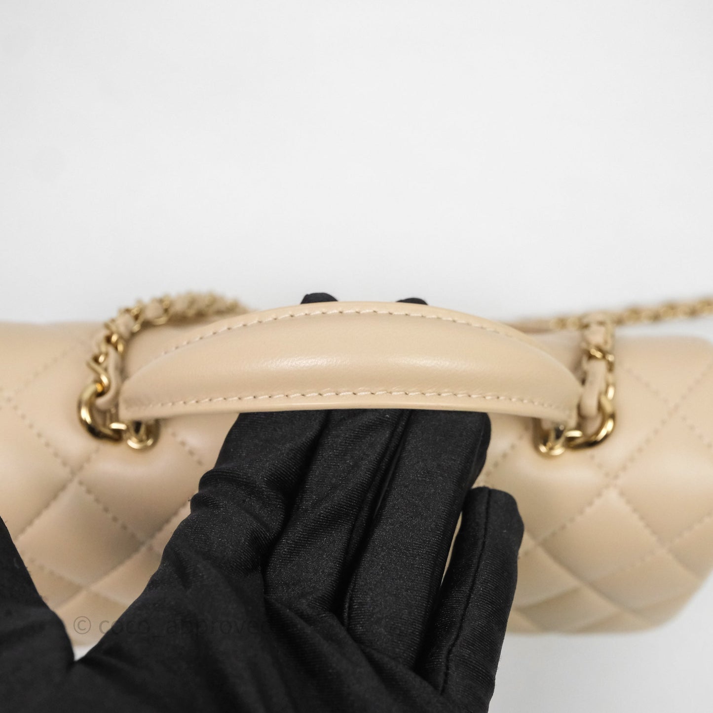 Chanel Top Handle Mini Rectangular Flap Beige Lambskin Shiny Gold Hardware