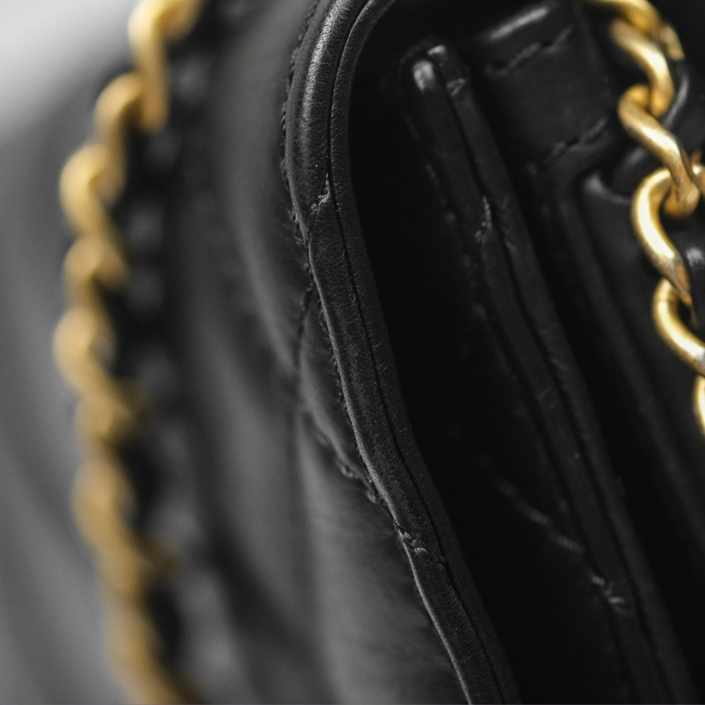 Chanel Quilted Side Chain Flap Bag Black Calfskin Aged Gold Hardware