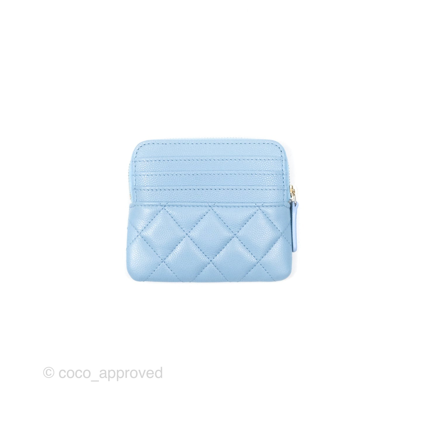 Chanel Quilted Crystal CC Zip Card Holder Wallet Light Blue Caviar Gold Hardware