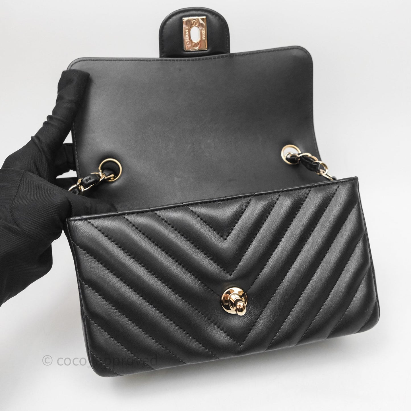 Chanel Quilted Mini Rectangular Chevron Black Lambskin Gold Hardware