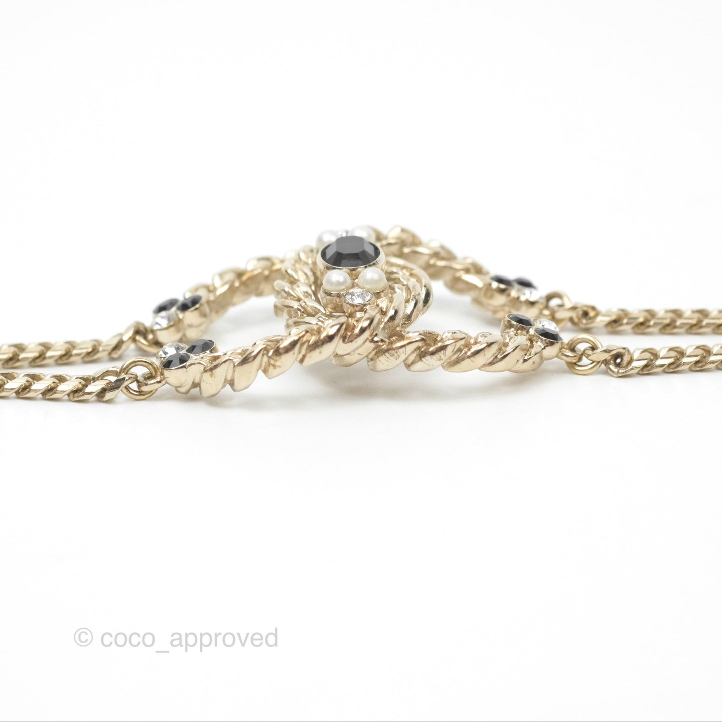 Chanel Large Chain CC Crystal Pearl Black Resin Bracelet Gold Tone 20P