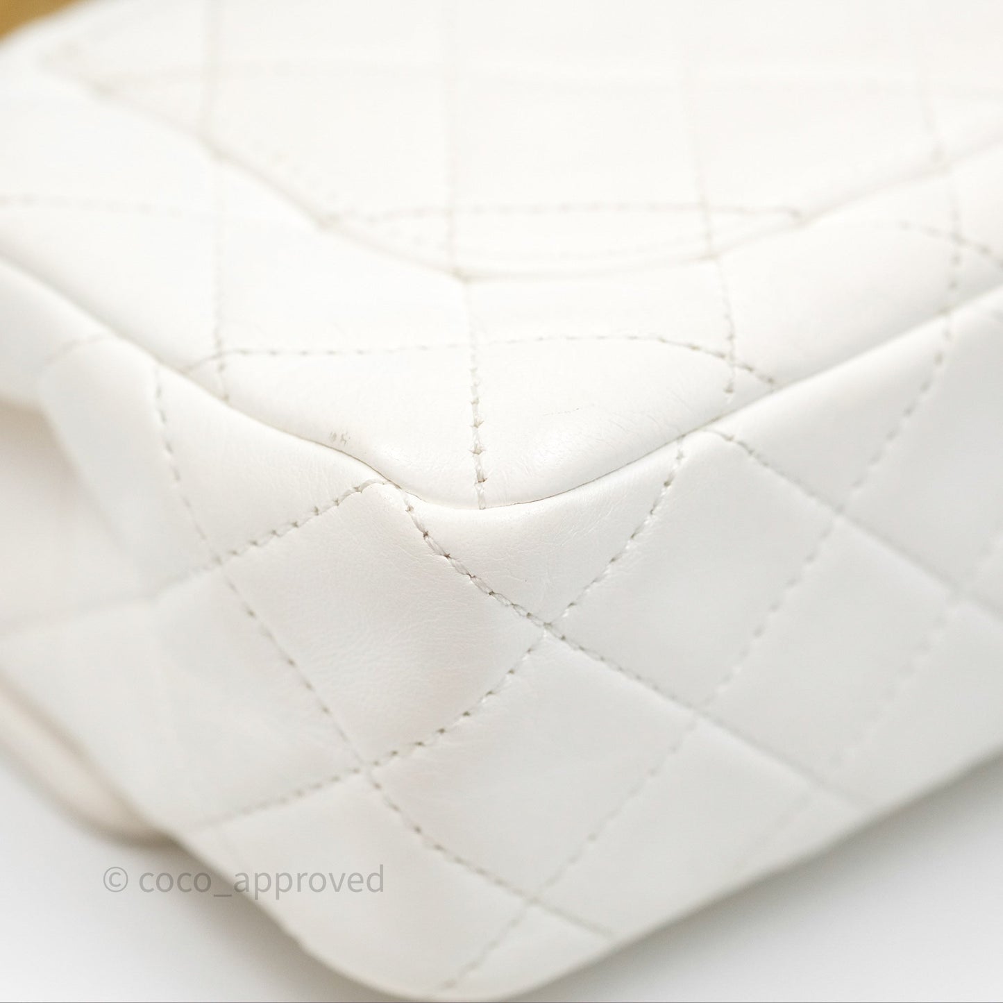 Chanel Mini Rectangular Pearl Crush Quilted White Lambskin Aged Gold Hardware