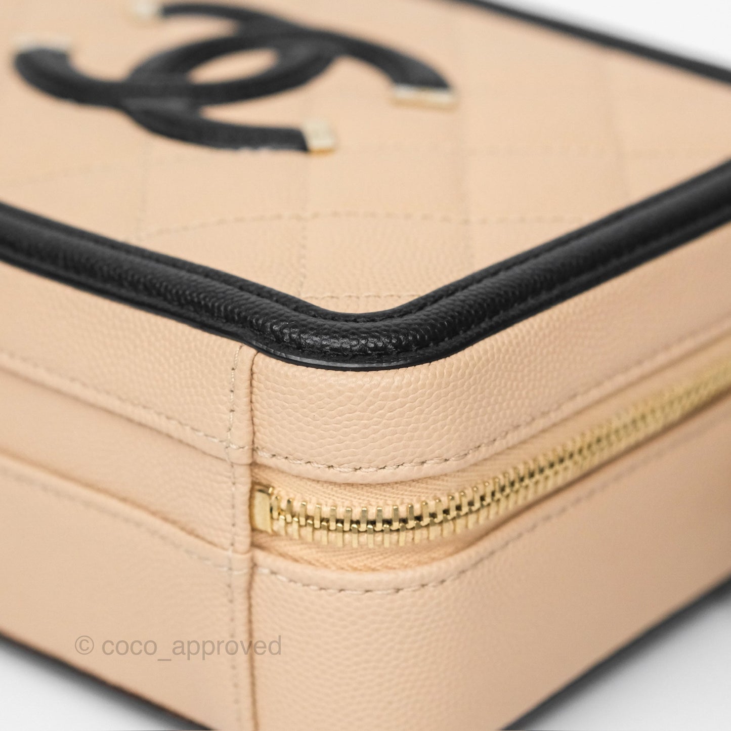 Chanel Quilted Small CC Filigree Vanity Case Black Beige Caviar Gold Hardware