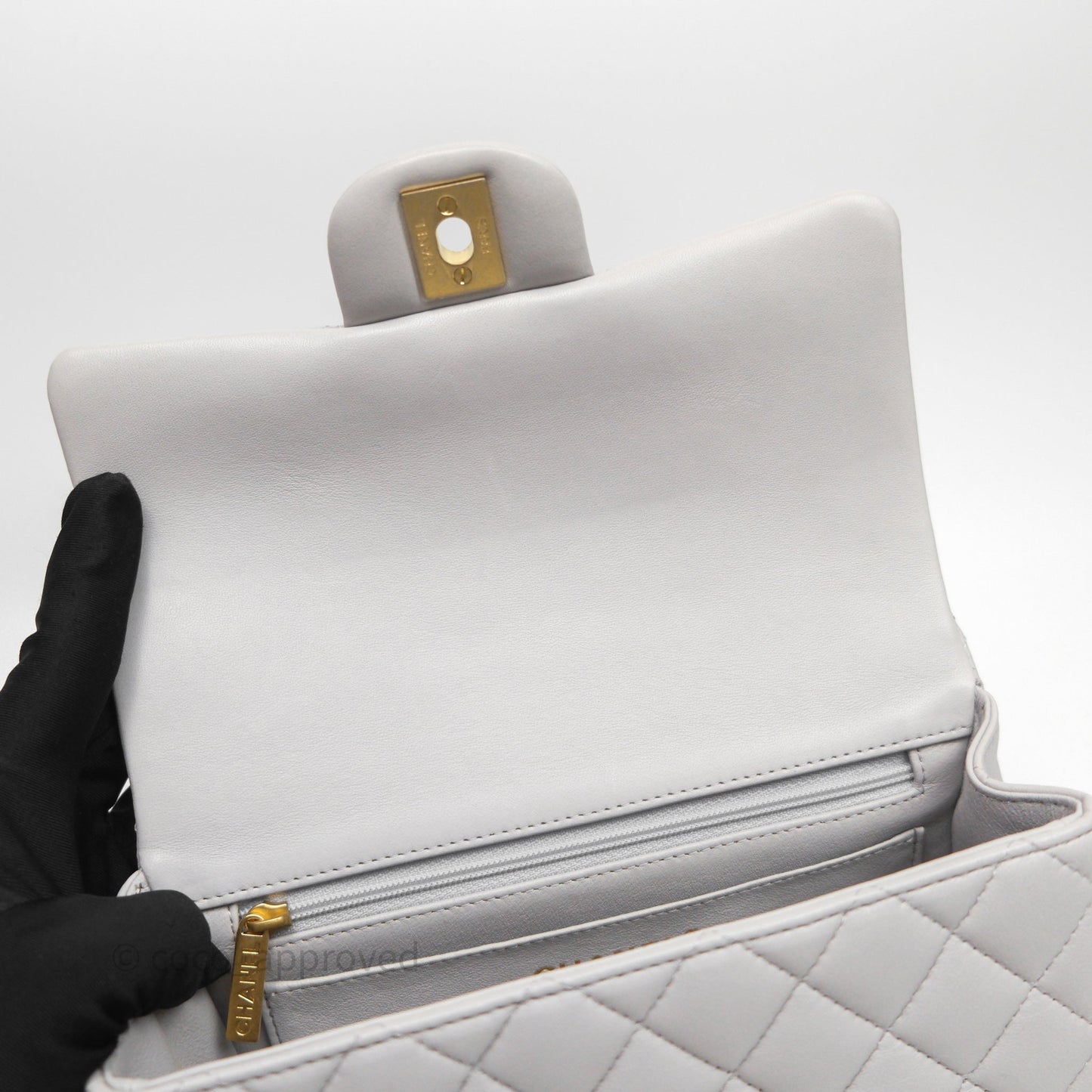 Chanel Top Handle Mini Rectangular Flap Bag Grey Lambskin Aged Gold Hardware