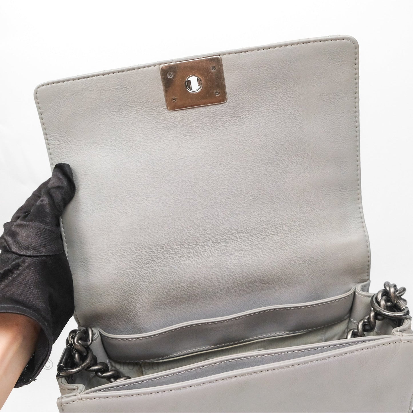 Chanel Medium Boy Reverso Flap Light Grey Calfskin Ruthenium Hardware