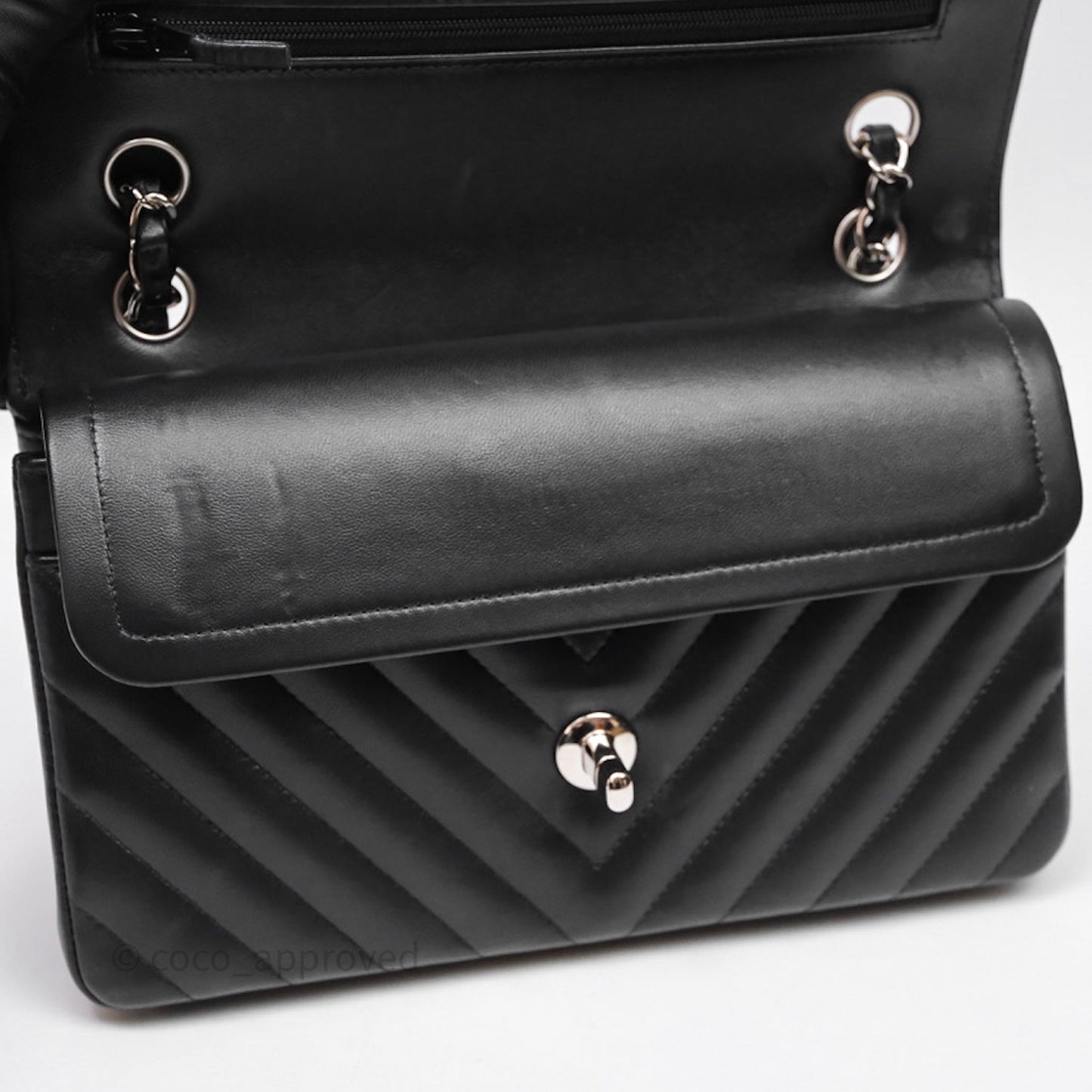 Chanel Small Classic Chevron Flap Black Lambskin Silver Hardware