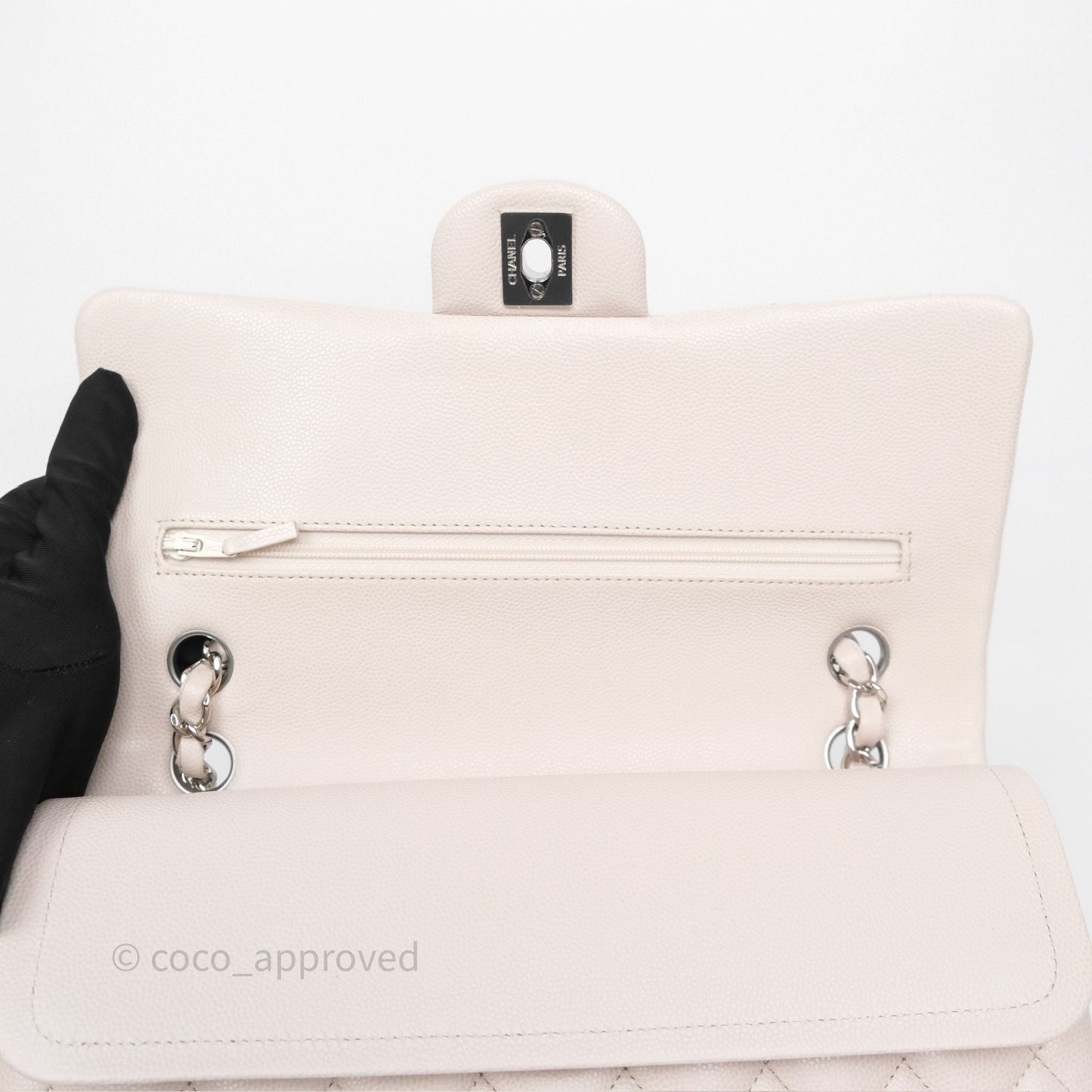 Chanel Classic M/L Medium Flap Quilted Stone Ivory Caviar Silver Hardware