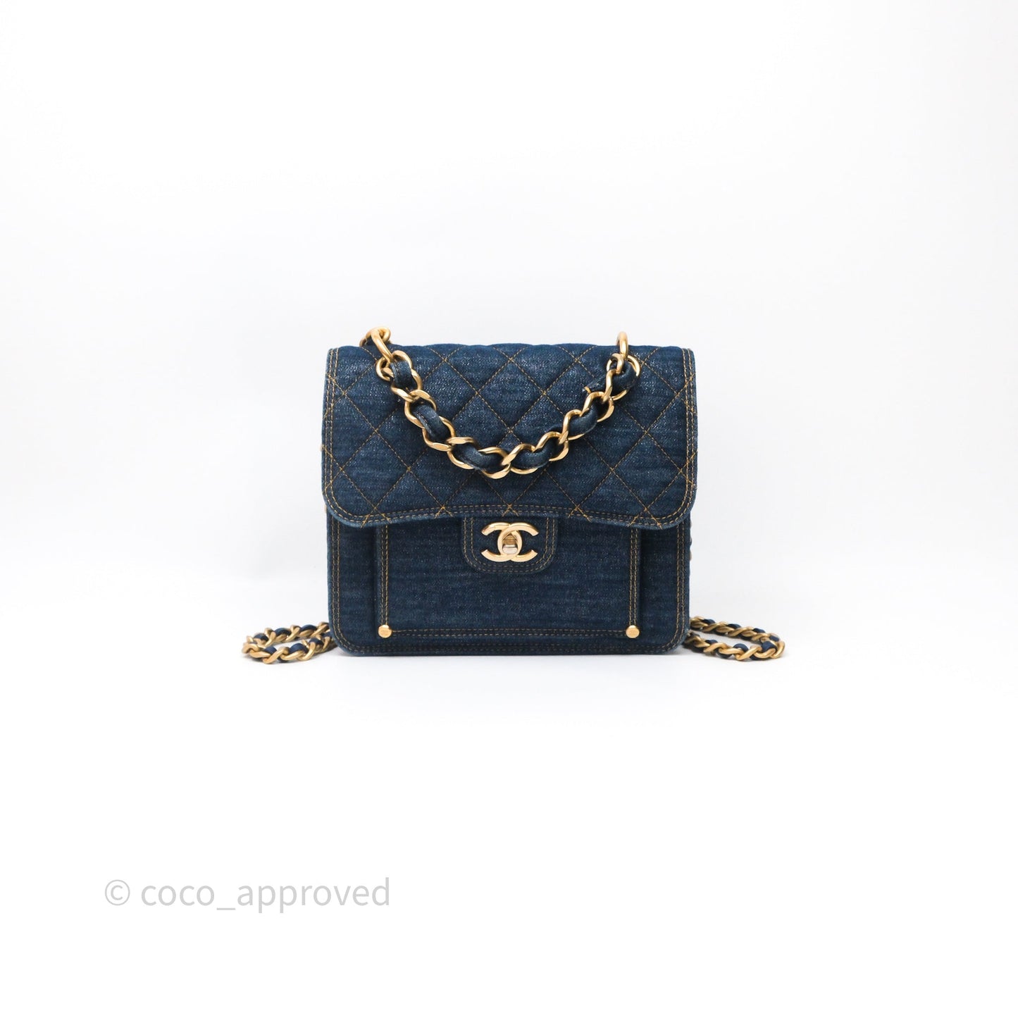 Chanel Square Flap Bag Denim Aged Gold Hardware