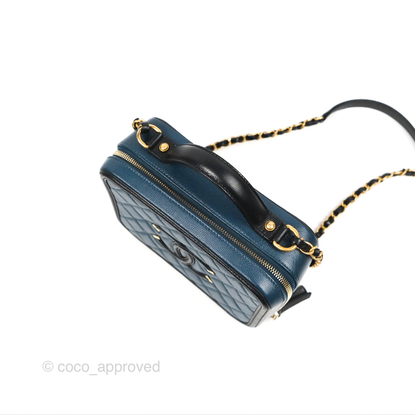 Chanel Quilted Medium CC Filigree Vanity Case Navy Black Caviar Aged Gold Hardware