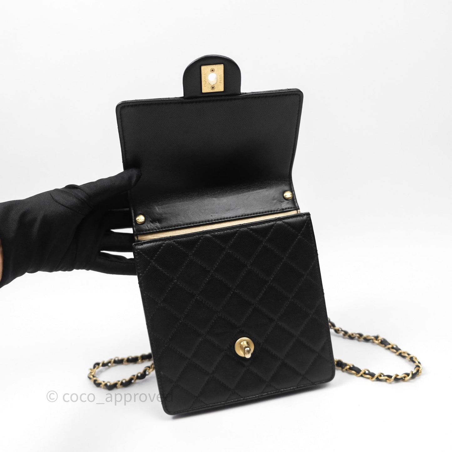 Chanel Quilted Chic Logo Pearls Flap Black Goatskin Aged Gold Hardware