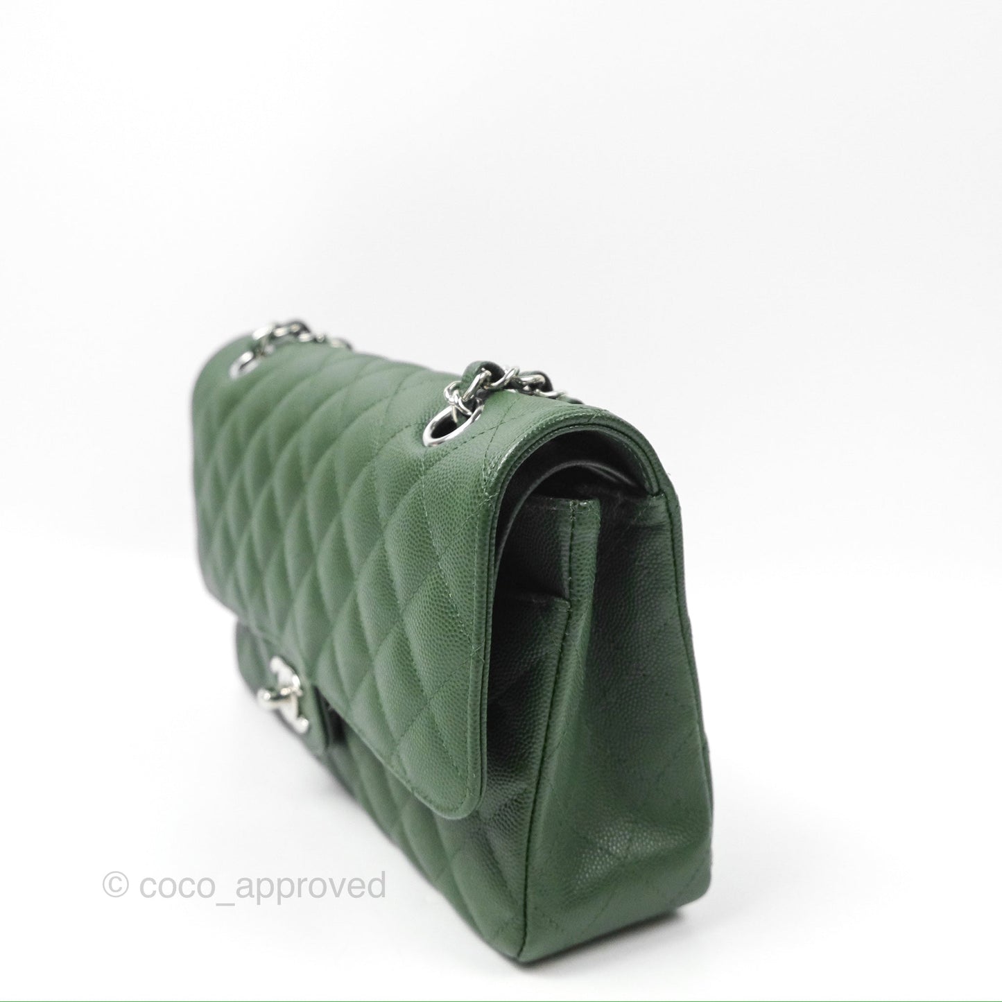 Chanel Classic M/L Medium Flap Quilted Dark Green Caviar Silver Hardware