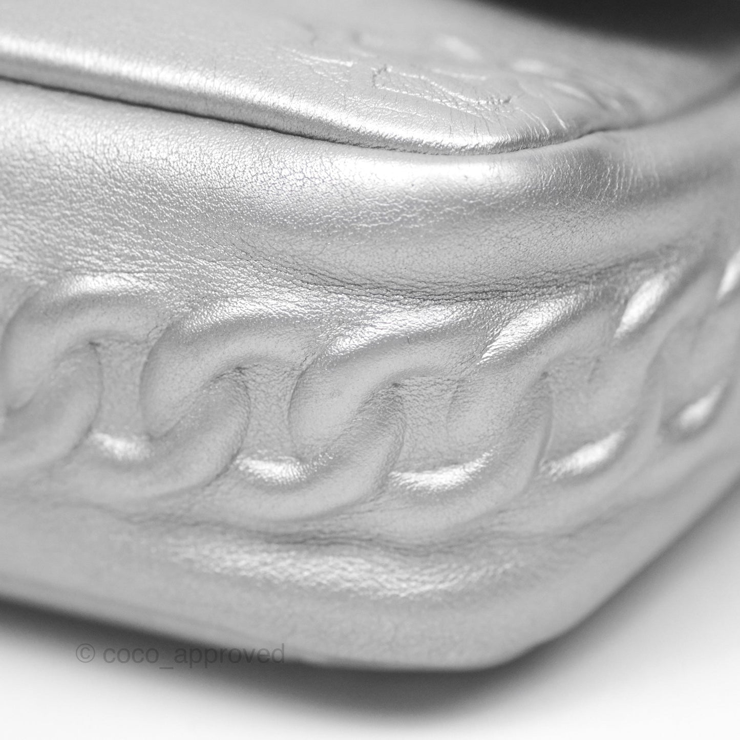 Chanel Medium Single Flap Embossed Metallic Silver Lambskin Ruthenium Hardware
