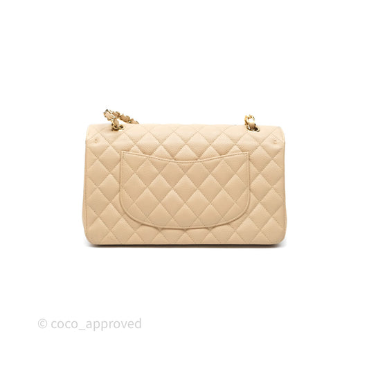 Chanel M/L Medium Classic Flap Quilted Beige Caviar Gold Hardware