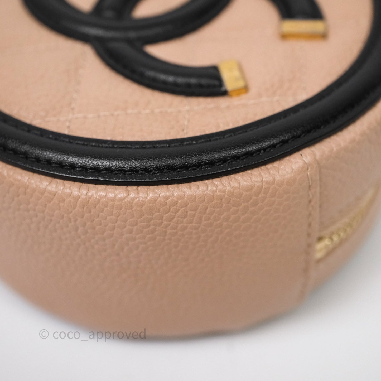 Chanel Quilted Round Filigree Clutch With Chain Beige/ Black Caviar Aged Gold Hardware