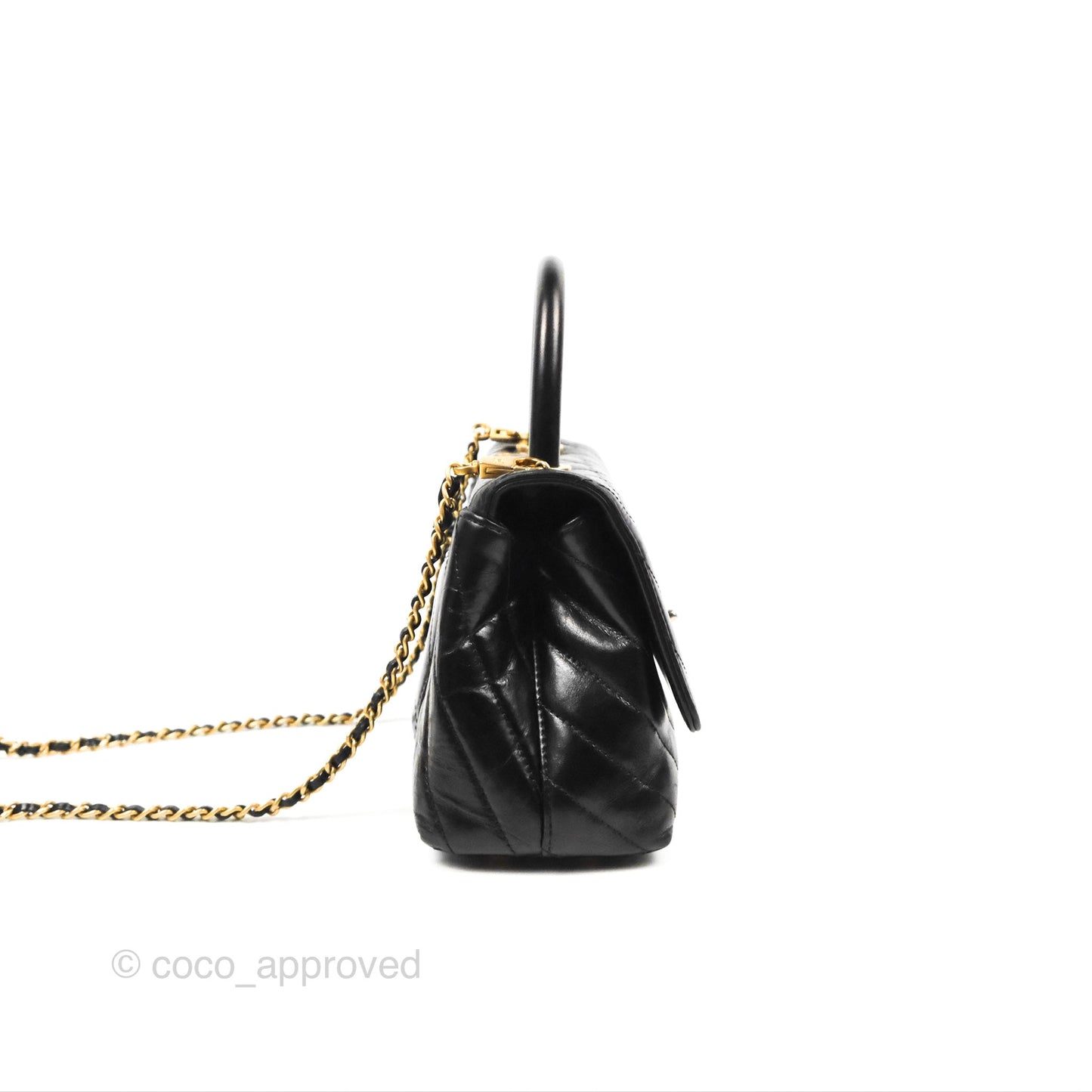 Chanel Chevron Small Coco Handle Black Shiny Aged Calfskin Aged Gold Hardware’s