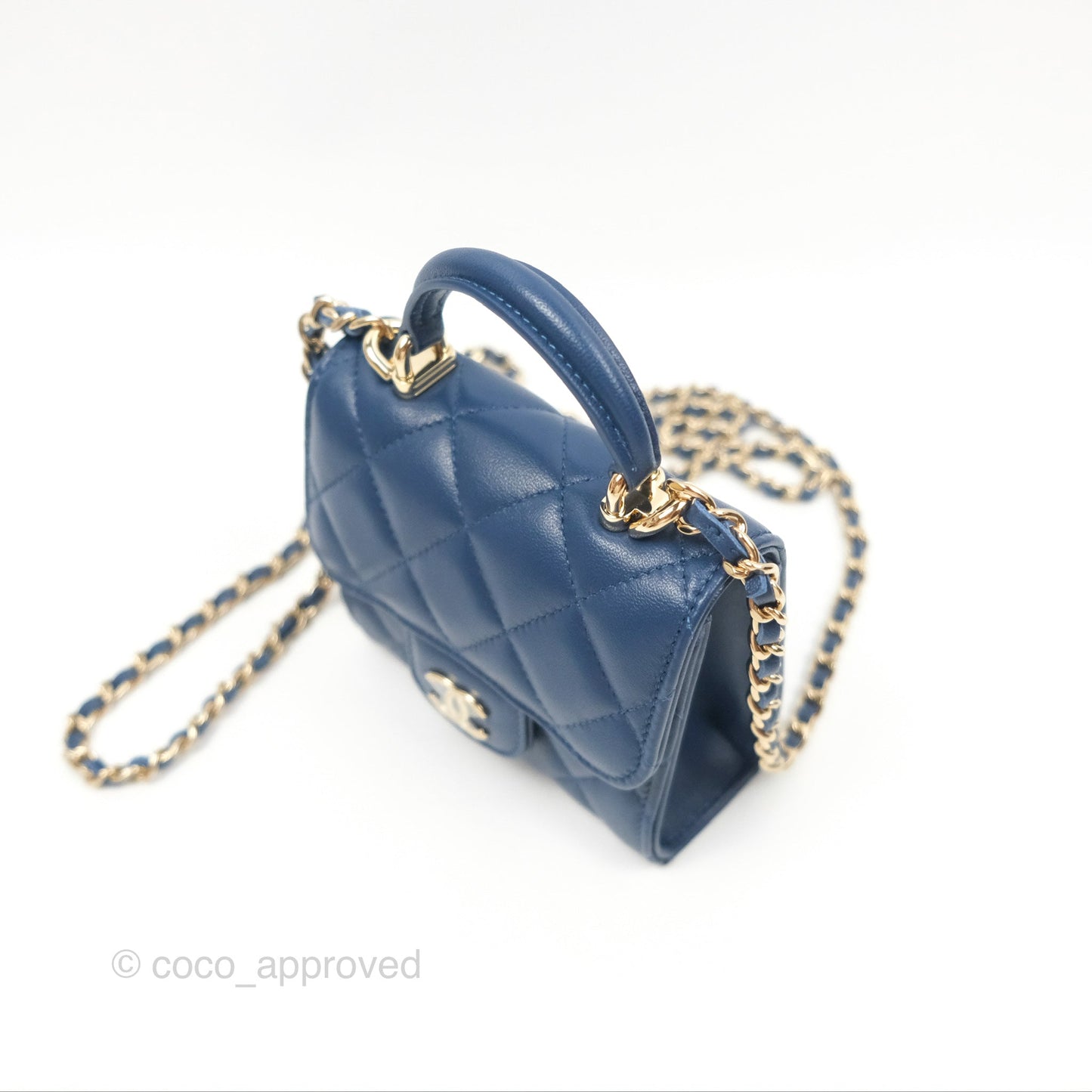 Chanel Mini Handle Clutch With Chain Navy Lambskin Gold Hardware