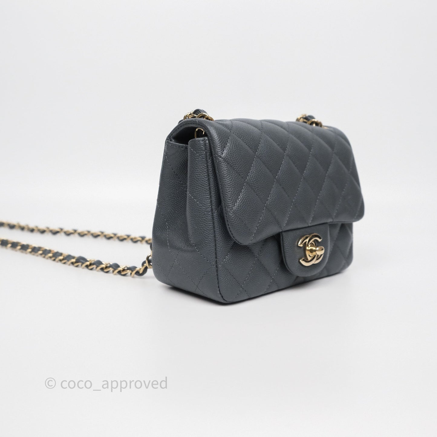 Chanel Mini Square Flap Quilted Dark Grey Blue Caviar Gold Hardware