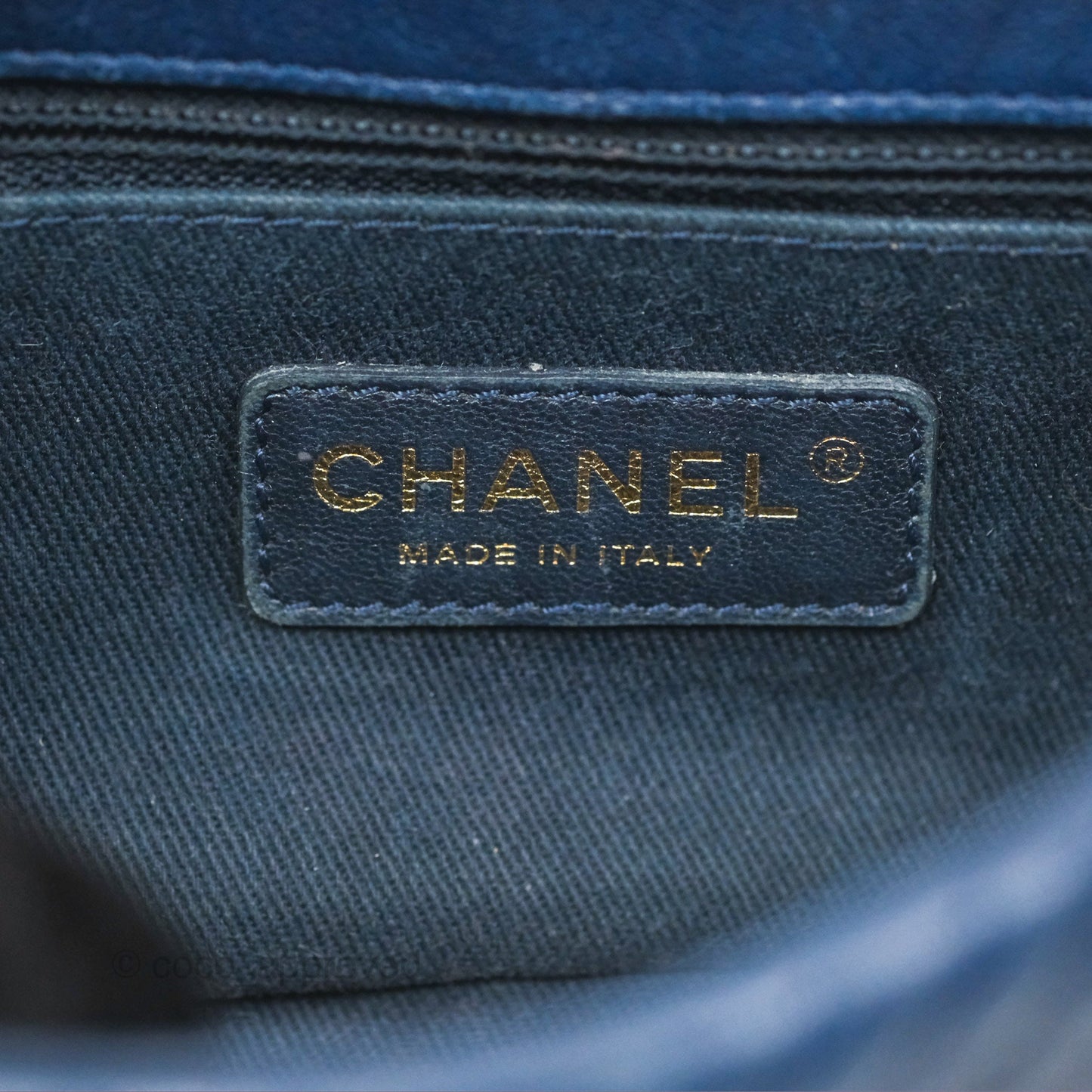 Chanel Small Chevron Surpique Flap Navy Calfskin Aged Gold Hardware