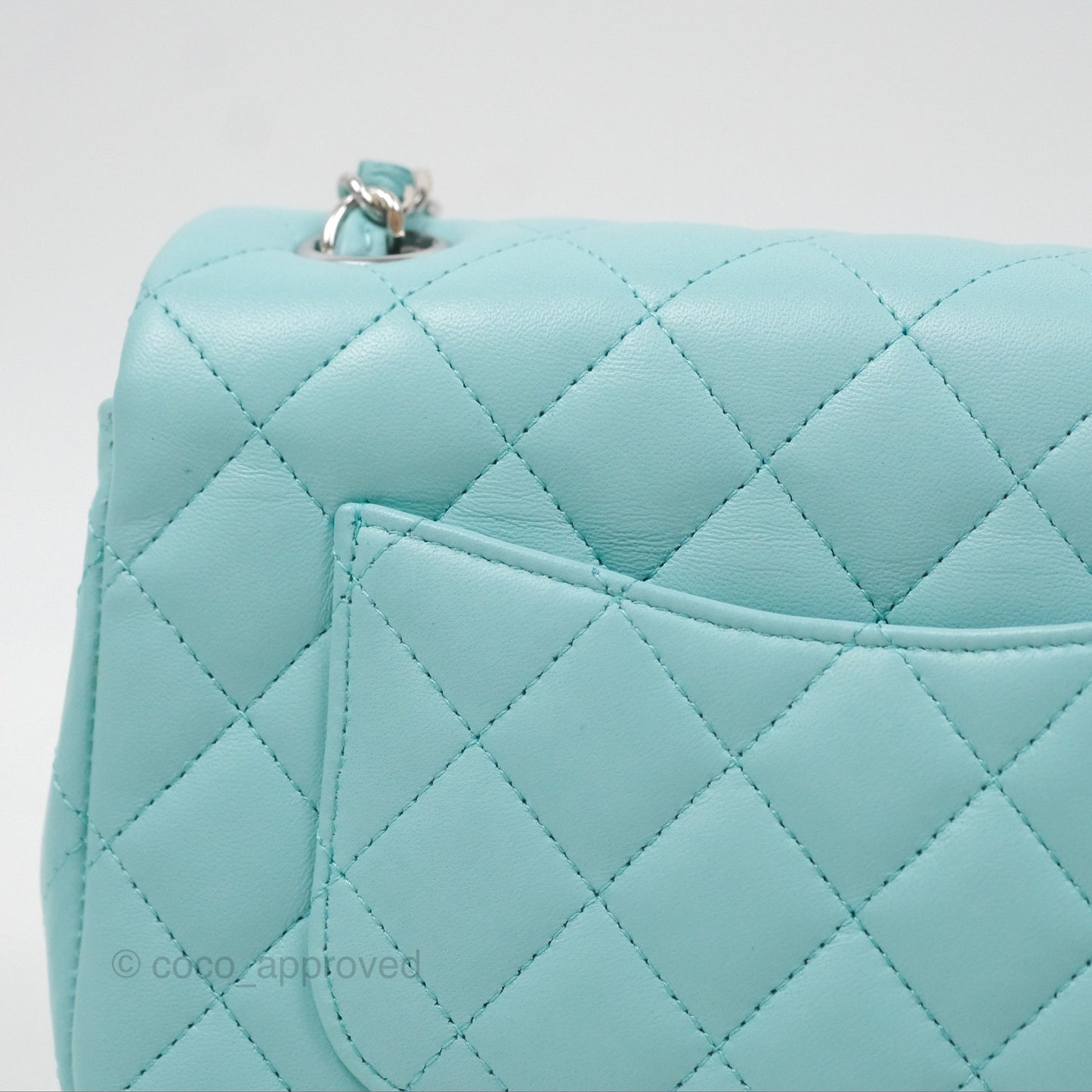 Chanel Quilted Mini Rectangular Flap Tiffany Blue Lambskin Silver Hardware