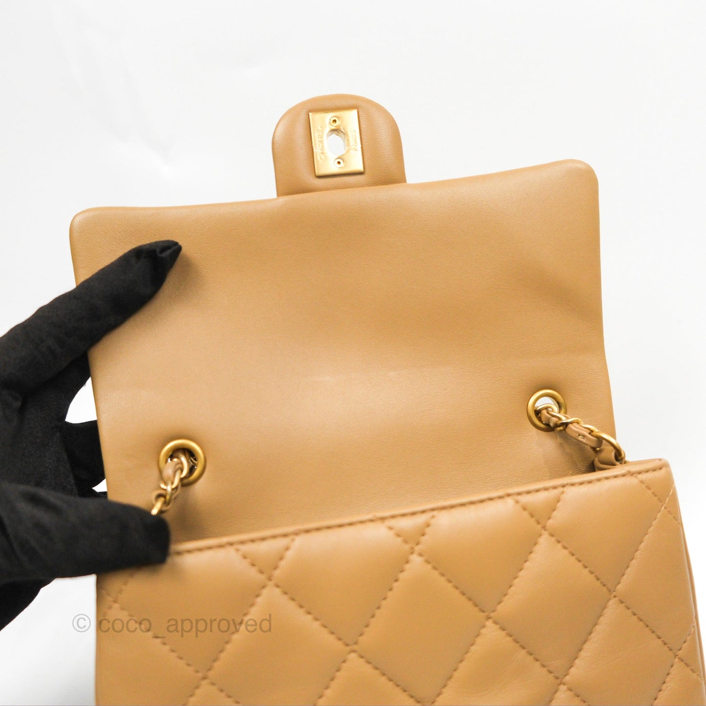 Chanel Mini Flap Bag With Heart CC Charm Dark Beige Lambskin Aged Gold Hardware