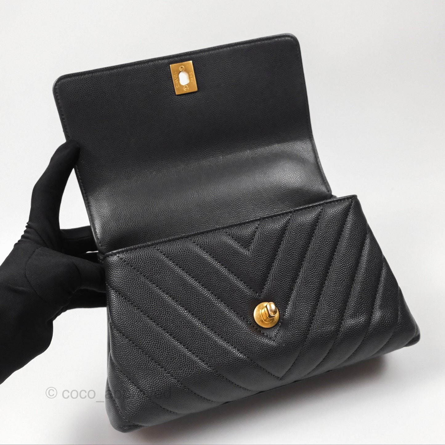Chanel Small Coco Handle Chevron Dark Grey Caviar Aged Gold Hardware